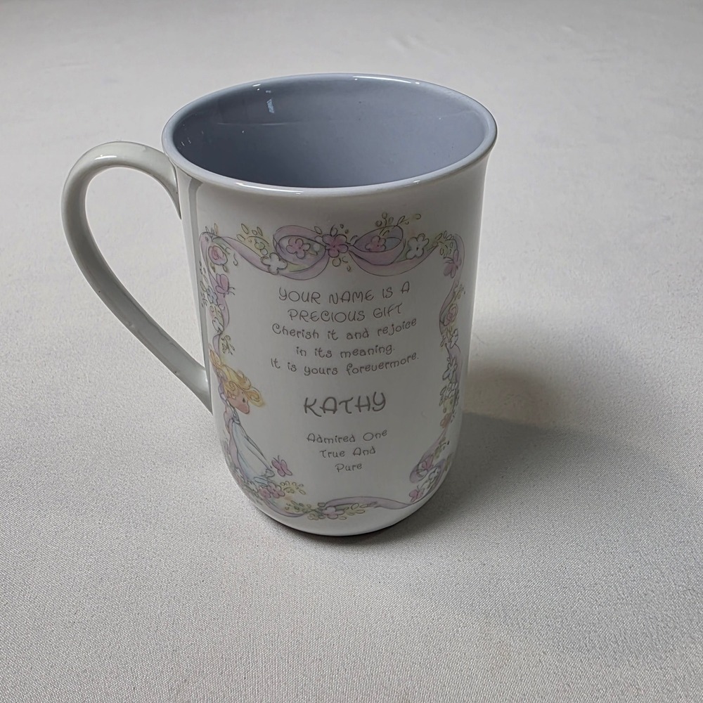 Enesco Precious‎ Moments Kathy Mug White Blue Vintage 1989 Ceramic